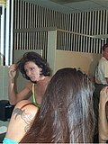 A pair of hungry cougars gets banged and jizzed on by a dude in a mens room